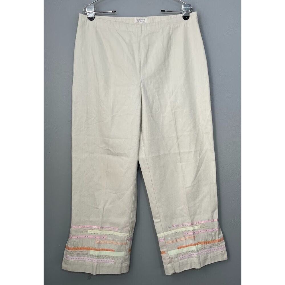 Embellished Khaki Capris Size 12 Beaded Ribbon Cropped Pants Cottagecore Grandma